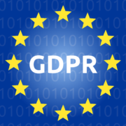 Teksti GDPR EUn keltaisten tähtien keskellä sinisellä taustalla