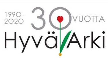 Hyvä arki 30 vuotta logo - sanojen välissä muotoiltu tulppaani, jonka kukka on 30 vuotta nollan keskellä